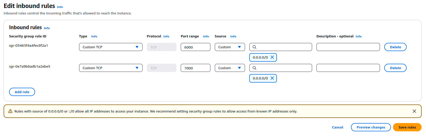 Inbound Security Rules